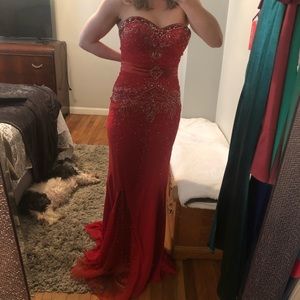 Strapless prom dress, red. Silver and gold beading